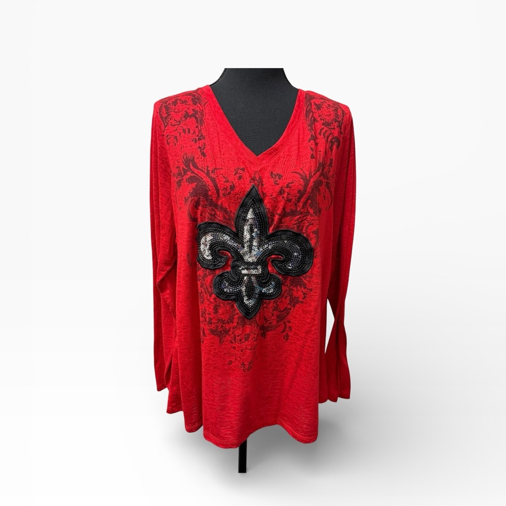Cato Red Fleur De Lis Sequin Graphic V Neck Long Sleeve Top Plus 18/20 - Picture 1 of 10